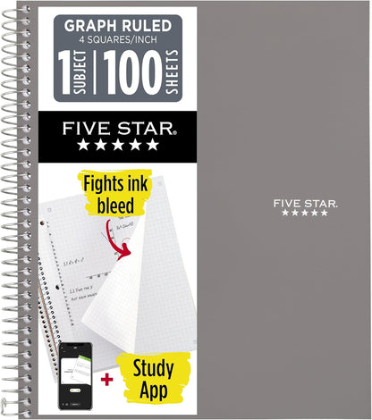 Five Star Spiral Notebook + Study App, 1 Subject, Graph Ruled Paper, 8-1/2" x 11", 100 Sheets, Fights Ink Bleed, Water Resistant Cover, Tidewater Blue (06190AA4)