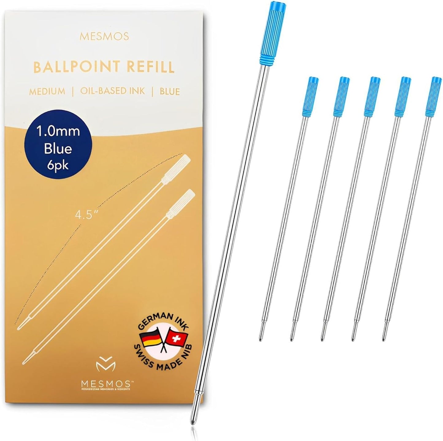 MESMOS 6 Pack Cross Compatible Pen Refills Ballpoint Black Ink, 1mm Medium Point, German-Made Ink and Swiss-Made Nib, Pen Replacement Refills, 4.5 inch (116mm) (Black Ink)