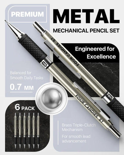 6PCS Metal Mechanical Pencil Set with 0.7mm Medium Point, 360 Leads, 12 Erasers, Art Mechanical Pencils Pack with Storage Case for School Writing, Sketching, Drawing & Professional Drafting