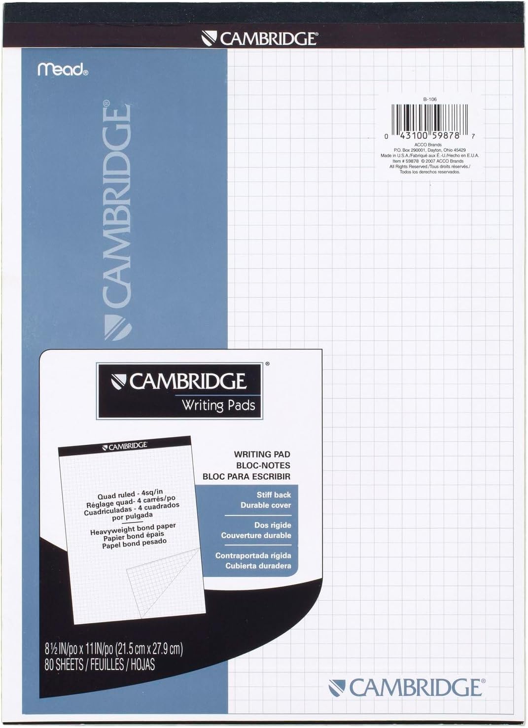 Cambridge Notebook, Quad Ruled, 8-1/2" x 11", 80 Sheets, Writing Pad, Bookbound (59878)
