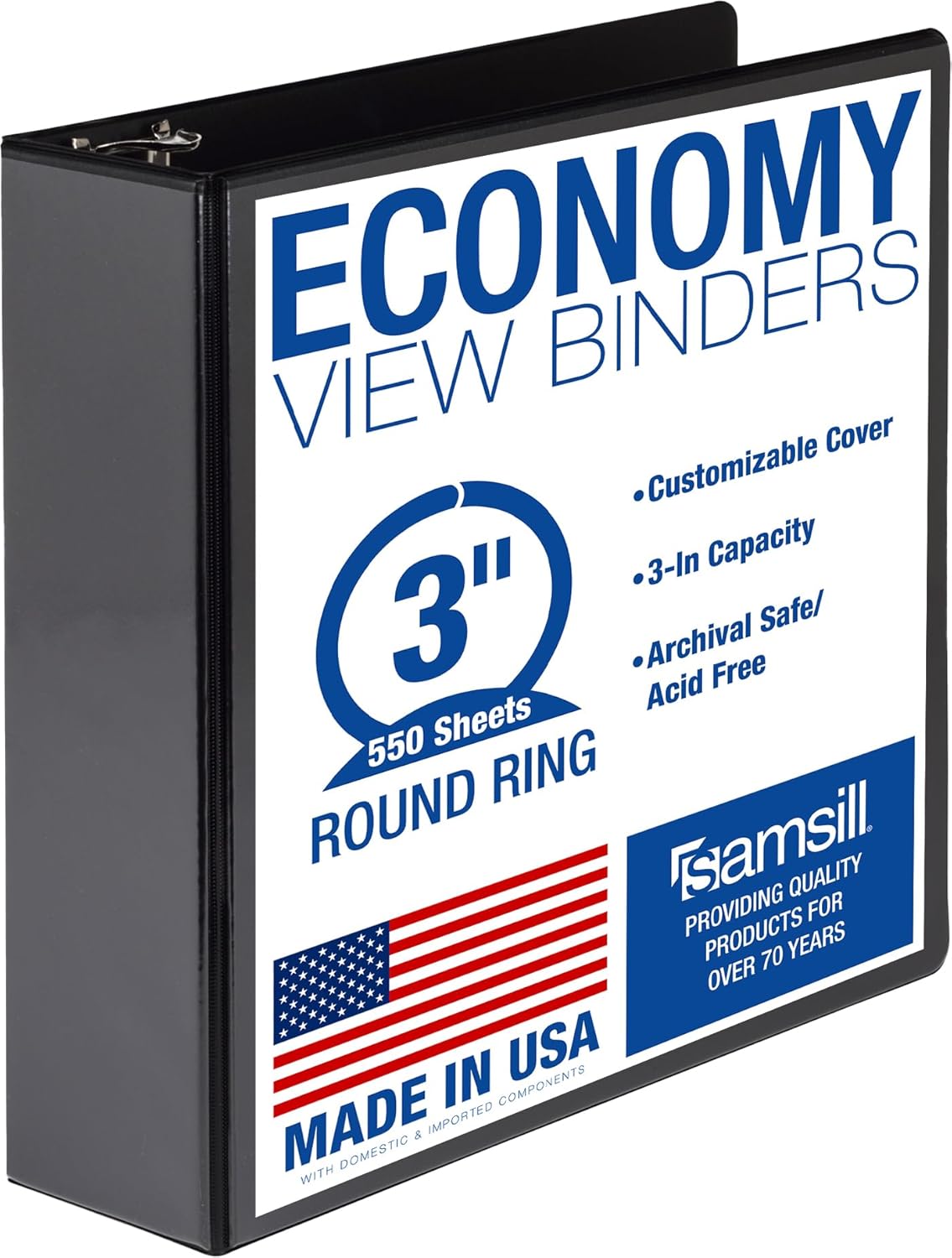 Samsill 3 Inch 3 Ring Binders, Economy Round Ring, Clear View Cover, 550 Sheet Capacity - for School, Home, Office - Black, 4 Pack