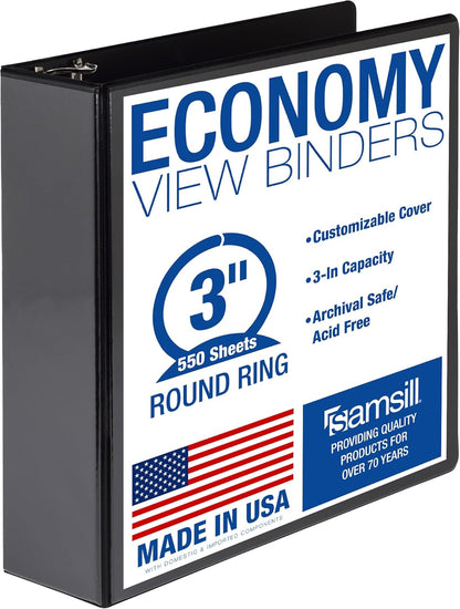 Samsill 3 Inch 3 Ring Binders, Economy Round Ring, Clear View Cover, 550 Sheet Capacity - for School, Home, Office - Black, 4 Pack