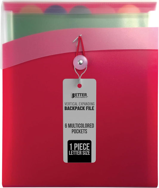 Vertical Expanding 6 Pocket Backpack File by Better Office Products, 1 Piece, Letter Size, for Easy Backpack Access, Multicolored Pockets and Tabs, Asst'd Colors, Color Will Vary - Red, Blue, or Black
