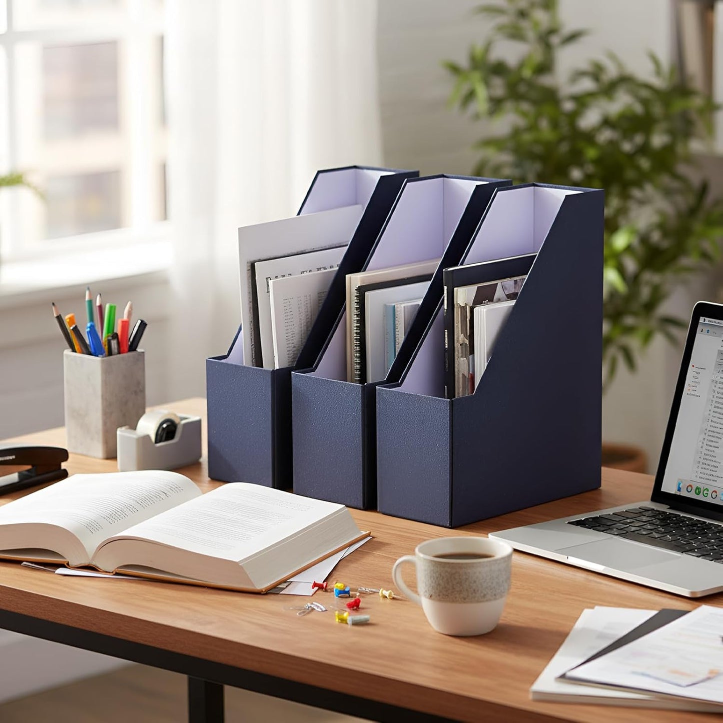 Gueevin Set of 6 Magazine File Holder Stylish Sturdy Cardboard File Boxes Desk Magazine Organizer Rack with Gold Label Holder to Organize Your Desk or Shelves for Home Classroom Office Library(Blue)