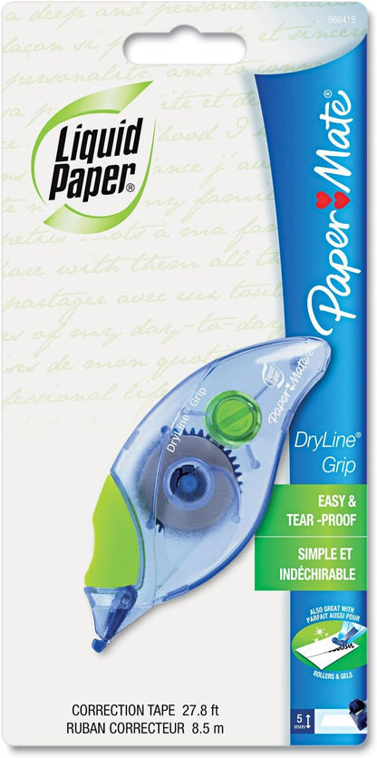 Paper Mate 660415 Liquid Paper DryLine Grip Correction Tape Dispenser, Pack of 4; Transparent Green Body; 1/5 inches Wide x 27.8 feet Long White Tape; Applies Dry, Rewrite Instantly; Swivel Tip