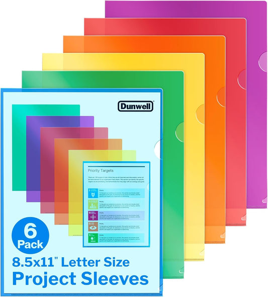 Dunwell Clear Plastic Folders for Documents (12 Pack, Assorted Colors) - Letter Size Plastic File Folder Sleeves 8.5x11 - Durable & Tear-Resistant Poly Document Folder Jackets for School Office & Home