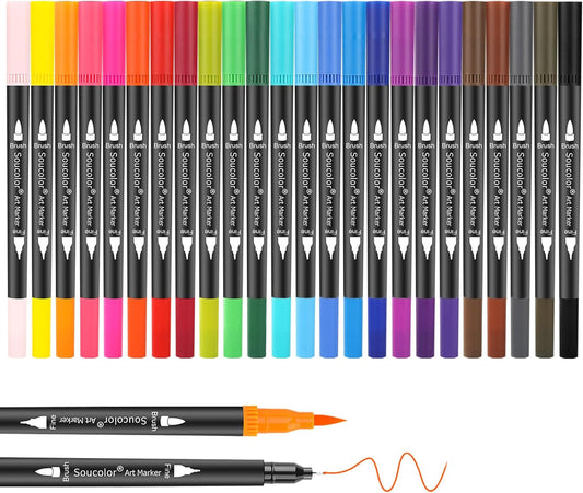 Soucolor Art Brush Markers Pens for Adult Coloring Books, 36 Colors Numbered Dual Tip (Brush and Fine Point) Marker Pen for Note taking Planner Hand Lettering Calligraphy Drawing Journaling