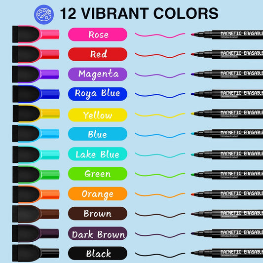 Magnetic Dry Erase Markers Fine Tip - 12 Colors Whiteboard Markers with Eraser Cap, Low Odor Thin Dry Erase Markers for Office Professional Use, Work On White board & Calendar
