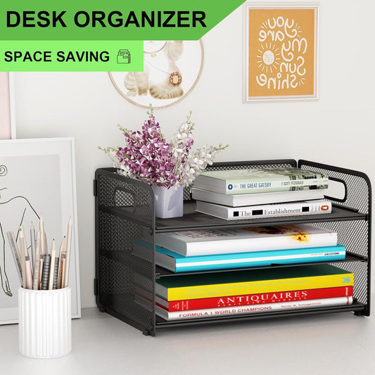 3 Tier Paper Letter Tray Organizer for Desk, Mesh File Folder Document Organizer with Handle for Home Office Supplies Desktop Accessories, Pink