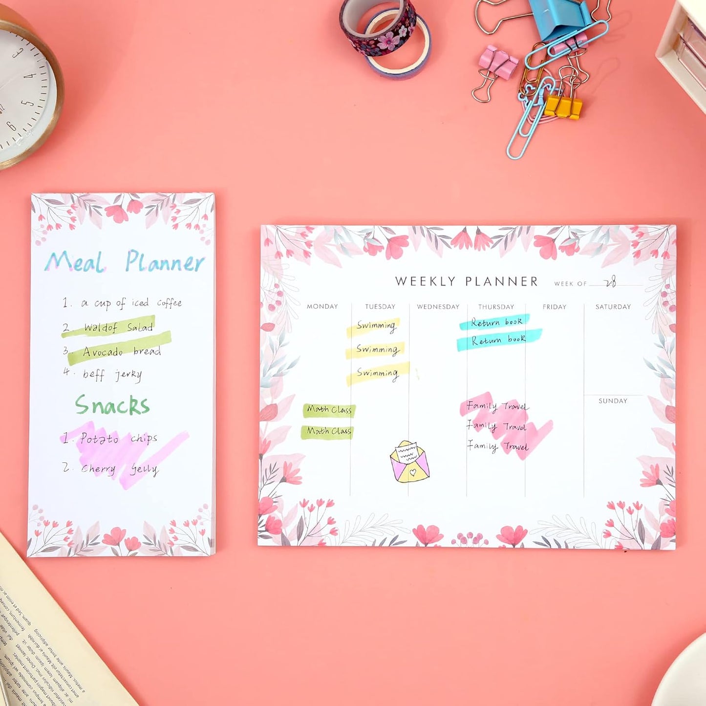 Weekly Planner Notepad Tear Off Set of 2 Weekly Calendar Pad 52 Undated To Do List Notepad Sheets Desk Planner Planning Pads Productivity Tracker for Work Goals Notes Schedule Ideas, Floral Blue