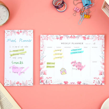 Weekly Planner Notepad Tear Off Set of 2 Weekly Calendar Pad 52 Undated To Do List Notepad Sheets Desk Planner Planning Pads Productivity Tracker for Work Goals Notes Schedule Ideas, Floral Blue
