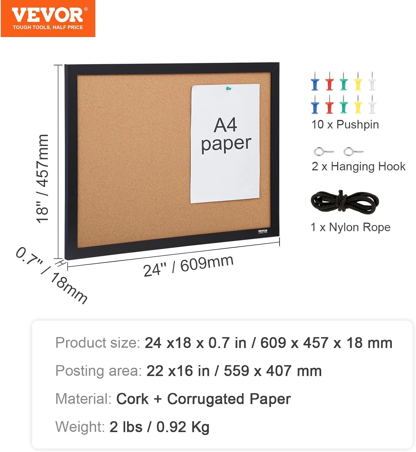 VEVOR 24 x 36 Cork Board, Large Bulletin Board with Black MDF Frame, Wall Mounted Pin Board for Office, School and Home Decor, Hanging Message Board for Pictures and Notes, 10 Push Pins Included