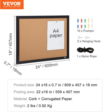 VEVOR 24 x 36 Cork Board, Large Bulletin Board with Black MDF Frame, Wall Mounted Pin Board for Office, School and Home Decor, Hanging Message Board for Pictures and Notes, 10 Push Pins Included