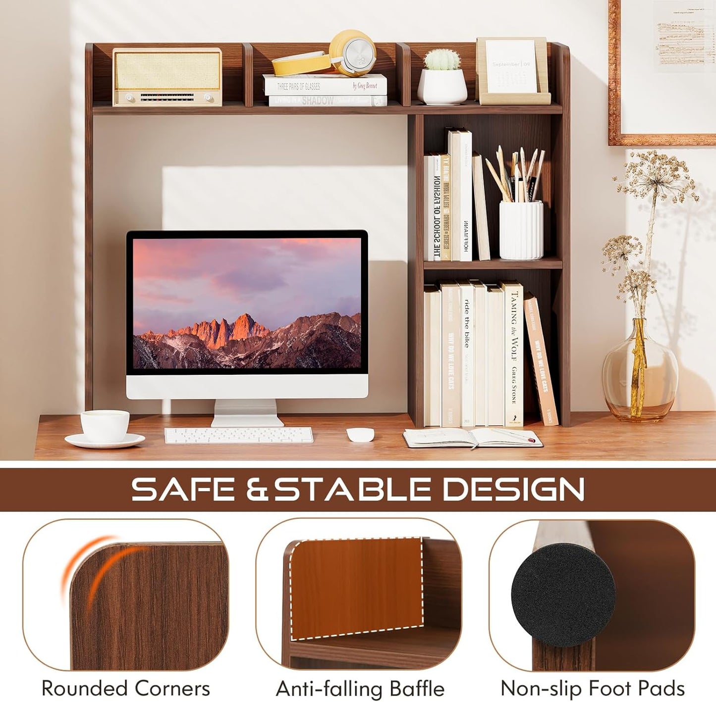 Tangkula Desktop Bookshelf, Countertop Storage Hutch with 5 Shelves for Computer Desk, Desk 3-Tier Display Rack, Multipurpose Wood Desktop Hutch Storage Organizer for Dorm Office Home