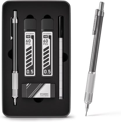 STAGEEK 0.7mm Mechanical Pencil with Metal Gift Case, 1PCS Metal Mechanical Pencil with 120Pcs HB Lead Refills,4B Erasers and 9PCS Eraser Refills, for Writing Drafting Drawing and Sketching(Gold)