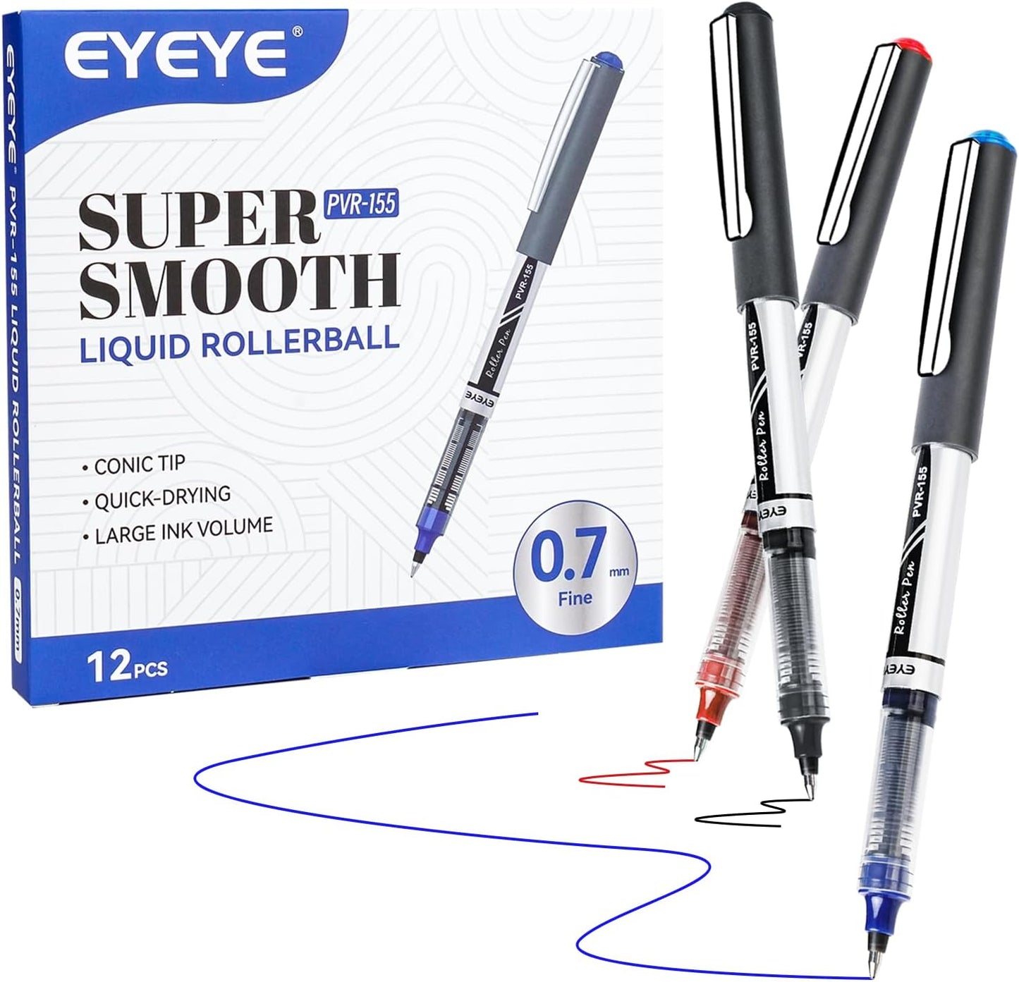 EYEYE Black Rollerball Pens 12 Pack, 0.7mm Medium Point Roller Ball Pen Quick Dry, Liquid Ink Pens Fine Point Smooth Writing Pen for Journaling, Note Taking, Office, School Supplies