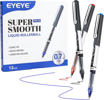 EYEYE Black Rollerball Pens 12 Pack, 0.7mm Medium Point Roller Ball Pen Quick Dry, Liquid Ink Pens Fine Point Smooth Writing Pen for Journaling, Note Taking, Office, School Supplies