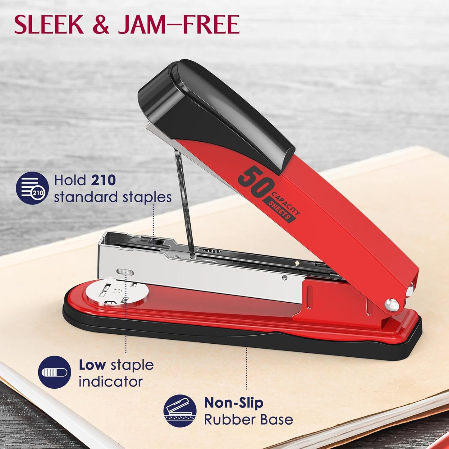 Metal Stapler Heavy Duty 50 Sheet Capacity with 1750 Staples and Staple Remover, Full Strip Staplers for Desk, No Jam, Non-Slip for Office & Classroom, Black