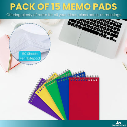 1InTheOffice Wirebound Memo Pads, 4" x 6", College, Assorted, 50 Sheets/Pad, (5 Pads)