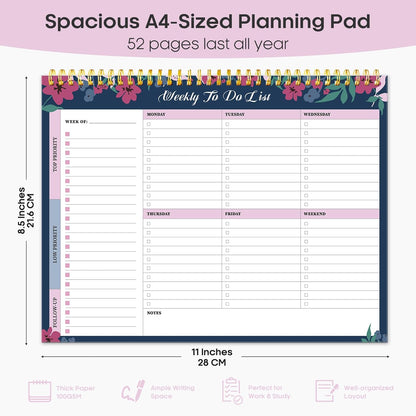 Taja Weekly To Do List Notepad with 52 Undated Sheets（8.5"×11"）- Weekly Desk Planner for Women & Man, Work and Home -1 Pack Violet Dream