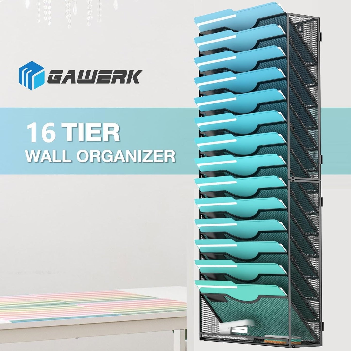 Gawerk 10-Tier Wall File Organizer Hanging Wall File Holder Wall Mount Paper Folder Organize, Mesh Magazine Document Mail Organizer Wall Organizer for Office School Home, Black