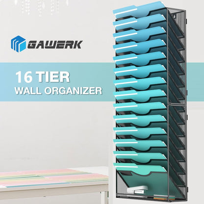 Gawerk 10-Tier Wall File Organizer Hanging Wall File Holder Wall Mount Paper Folder Organize, Mesh Magazine Document Mail Organizer Wall Organizer for Office School Home, Black