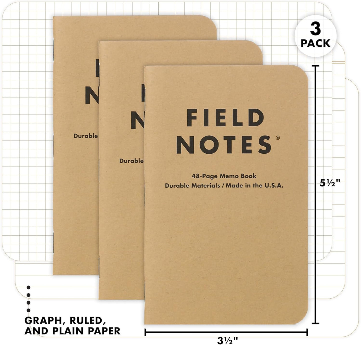 Field Notes: Original Kraft 3-Pack - Mixed Paper (1 Graph/Grid, 1 Ruled/Lined, 1 Plain/Blank) Memo Books - 48 Page Pocket Notebooks - 3.5" x 5.5"