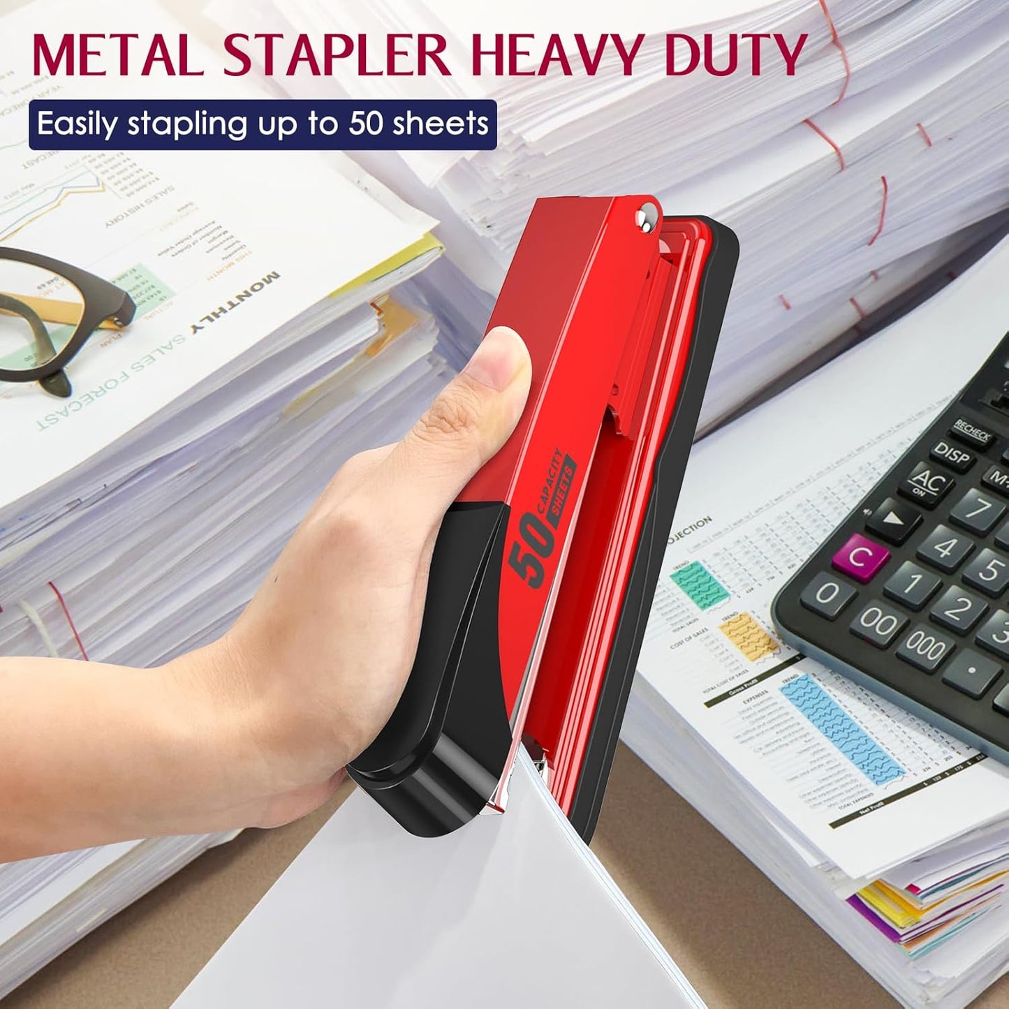 Metal Stapler Heavy Duty 50 Sheet Capacity with 1750 Staples and Staple Remover, Full Strip Staplers for Desk, No Jam, Non-Slip for Office & Classroom, Black