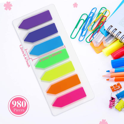 moinkerin 980 Pcs Sticky Notes Flags, 7 Color Index Tabs Index Flag Bright Colors Page Index Stickers Translucent Page Makers for Page Bookmarks