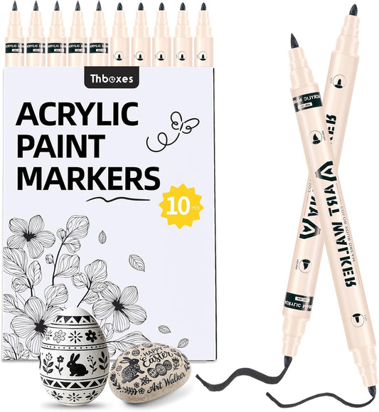 Thboxes 10 Pack White Paint Markers, Dual-Tip Acrylic Paint Pen Fine Tip and Brush Tip Markers for Fabric Wood Metal Rock Glass Plastic Canvas School Supplies Art Supplies