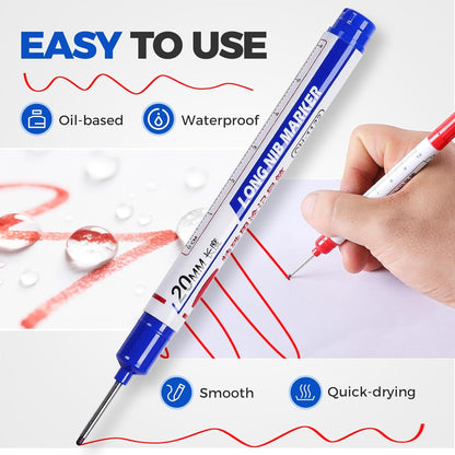 10 PCS Long Head Deep Hole Marker Pens, 20 MM Long Nib Marker for Metal, Multi-purpose Deep Reach Markers Quick Dry Waterproof Marking Pens Construction Markers with Long Nose