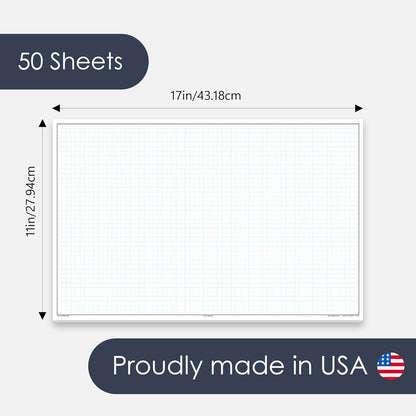 GeekNavy 11" x 17" Quadrille Graph Paper 50 Sheets Landscape - 0.25" 4x4 Square Grid, Blueprint, High Brightness, Border-Outlined, Large Drafting (1-Pack)