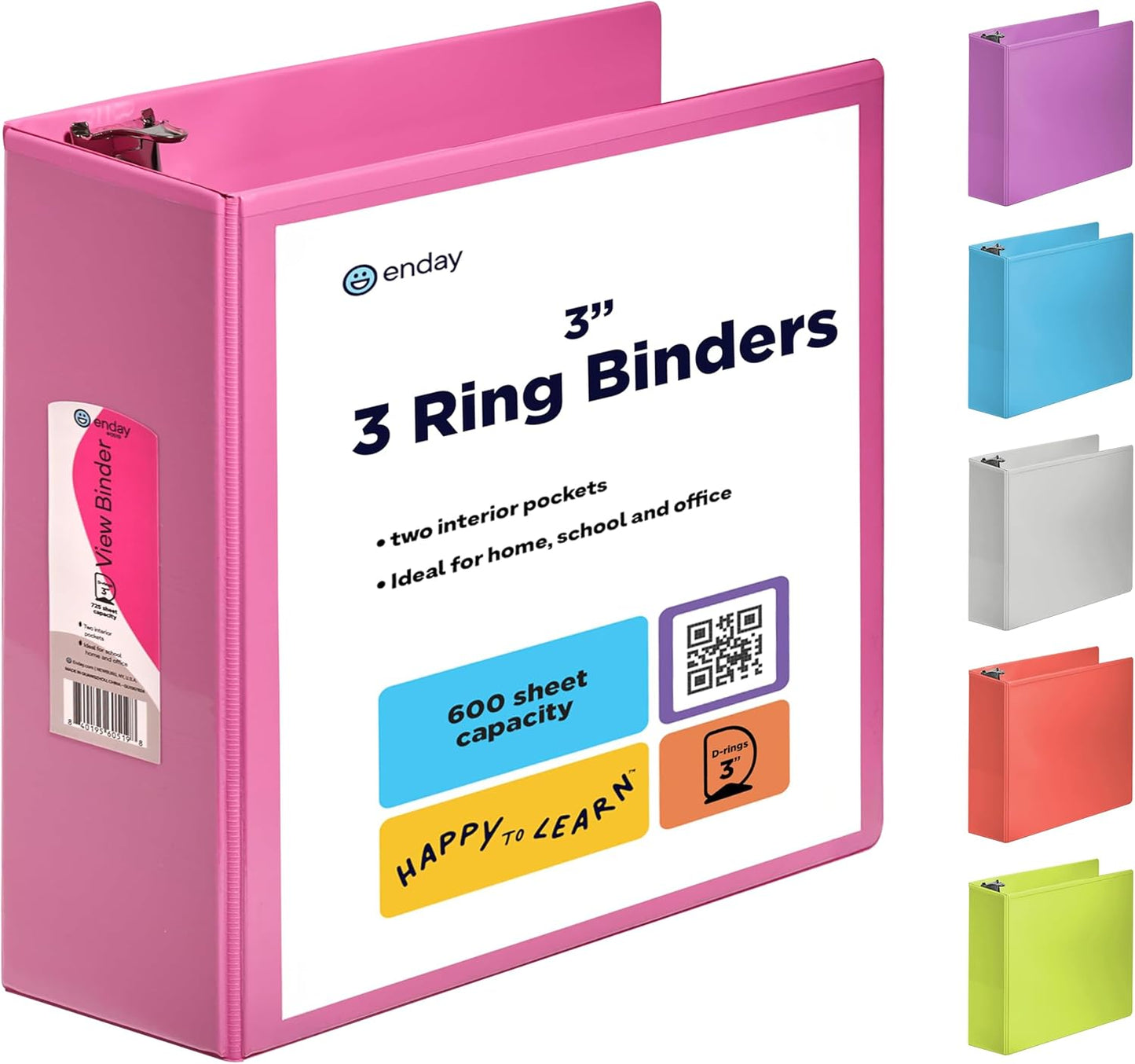 3 Inch Binder 3 Ring Binders Green, Slant D-Ring 3” Clear View Cover with 2 Inside Pockets, Heavy Duty Colored School Supplies Office and Home Binders – By Enday