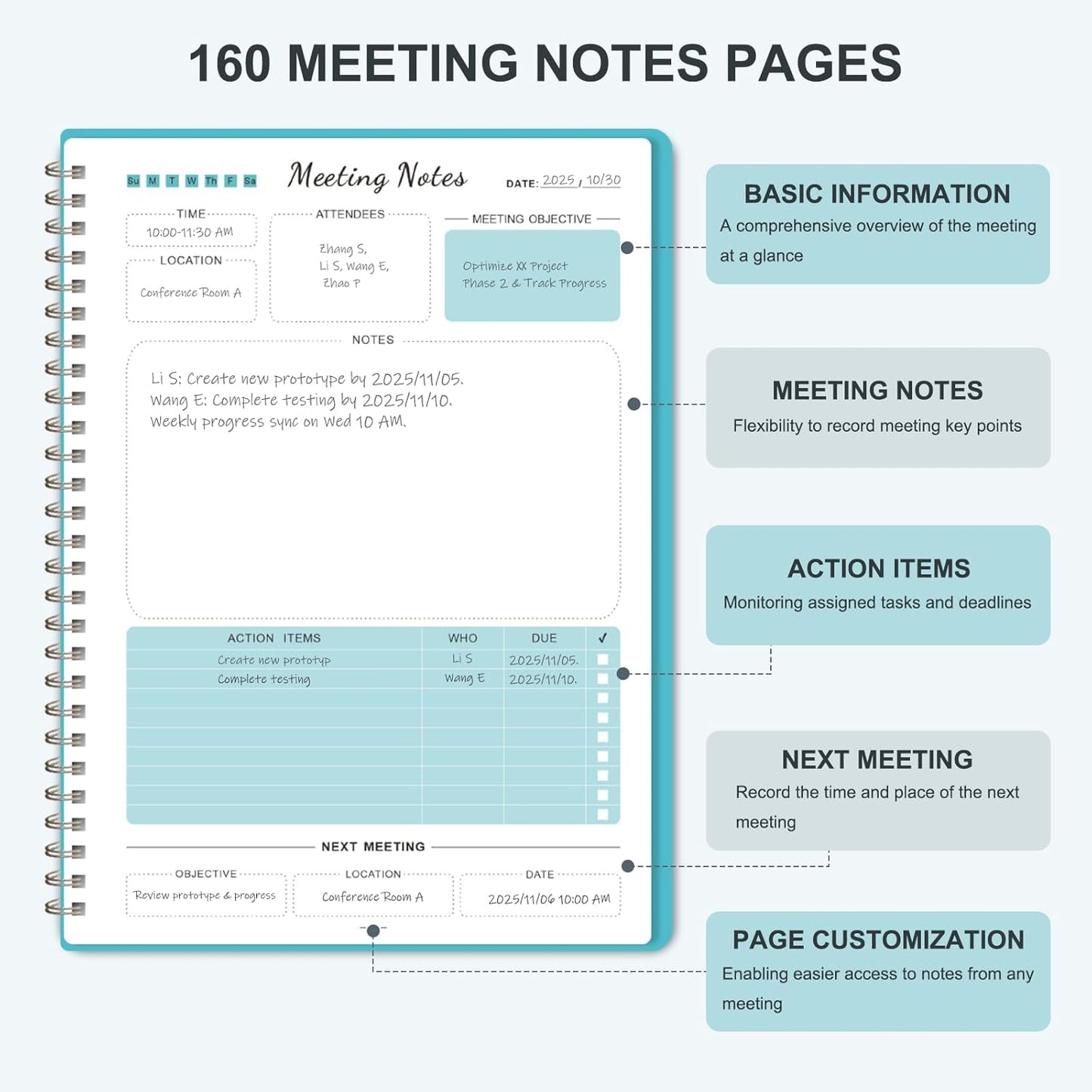 Meeting Notebook for Work Organization, Work Planner Notebook with Action Items, Project Agenda Planner for Note Taking, 160 Pages (6.9" X 9.9"), Perfect Office School Business Supplies for Women & Men(Blue)