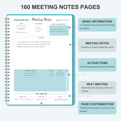 Meeting Notebook for Work Organization, Work Planner Notebook with Action Items, Project Agenda Planner for Note Taking, 160 Pages (6.9" X 9.9"), Perfect Office School Business Supplies for Women & Men(Blue)