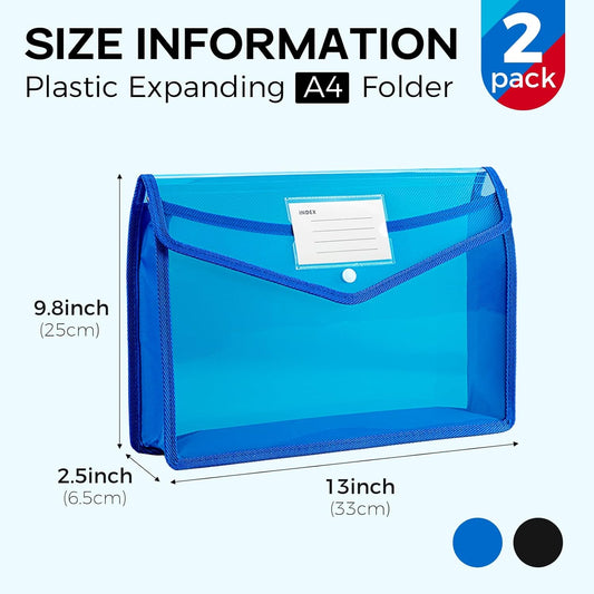 Plastic Expanding File Folder, Folders for Documents, Transparent Envelopes with Elastic Closure, File Folder Organizer Holder, Large Capacity, Fit Letter/A4 Size (2Pcs)