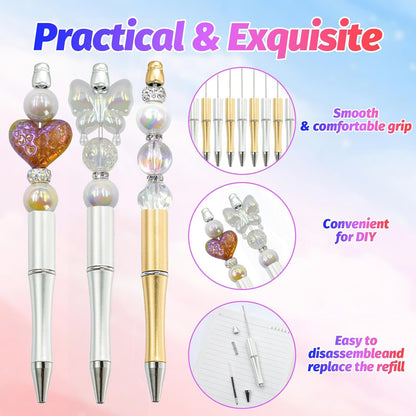 150 Pieces DIY Beadable Pen Kit – 50 Plastic Ballpoint Pens with Refills & Bags, Beads Not Included – School Supplies, Office Accessories & Craft Gifts for Students & Teachers (Multicolor)