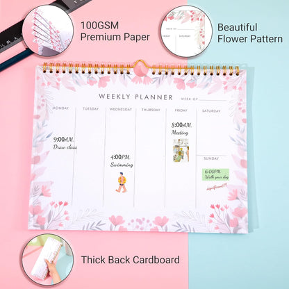 Weekly Planner Notepad Tear Off Set of 2 Weekly Calendar Pad 52 Undated To Do List Notepad Sheets Desk Planner Planning Pads Productivity Tracker for Work Goals Notes Schedule Ideas, Floral Blue