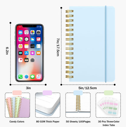 4 Pack 5x7 Small Spiral Notebook, Hardcover Spiral Journal Notebook with Removable Dividers Tabs, Note Books for Note Taking, Work, School, Cute Notebooks with Strap 50 Sheet