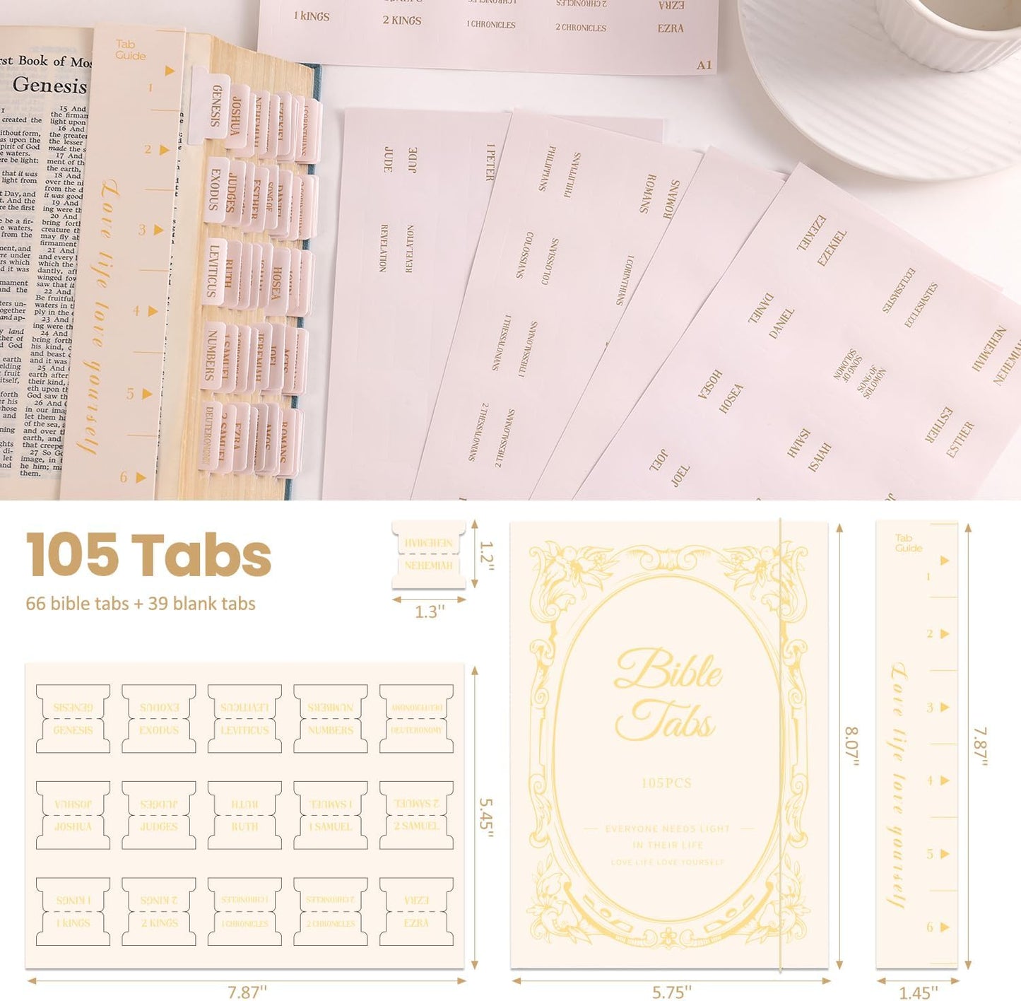 Laminated Bible Tabs, Gold Foil Embossed Lettering Bible Chapter Index Tabs for Women Men, Reposition Large Print Sticky Labels, Easy to Read and Apply, 105Chapters Labels for Easy Navigation (Black)