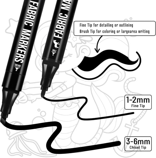 Fabric Markers Permanent for Clothes, 6 Pack Black Dual Tip with Fine and Chisel Tips Paint Pens for Clothing Canvas Tote Bags T-Shirt and Shoes, Non Toxic Ink for Kids and Adults
