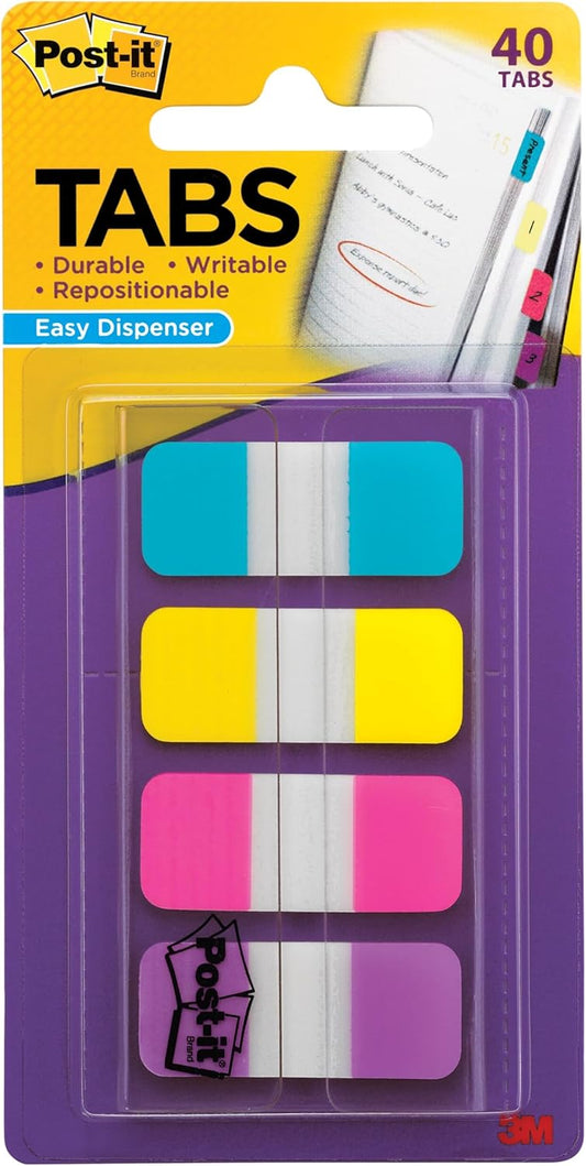 Post-it Sticky Tabs, .625 in. x 1.5 in., 4 Pads of Book Tabs in Assorted Bright Colors for Bookmarking, Annotating, Reading, and Reminders, Pink, Purple, Yellow, and Blue Colors (40 Total Count)