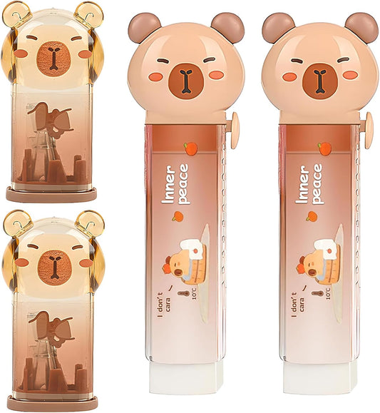 4Pcs Cute Pink Capybara Retractable Eraser and Capybara Pencil Sharpener,Capybara Cute Birthday Christmas Gifts Set for Kawaii Office School Home Supplies