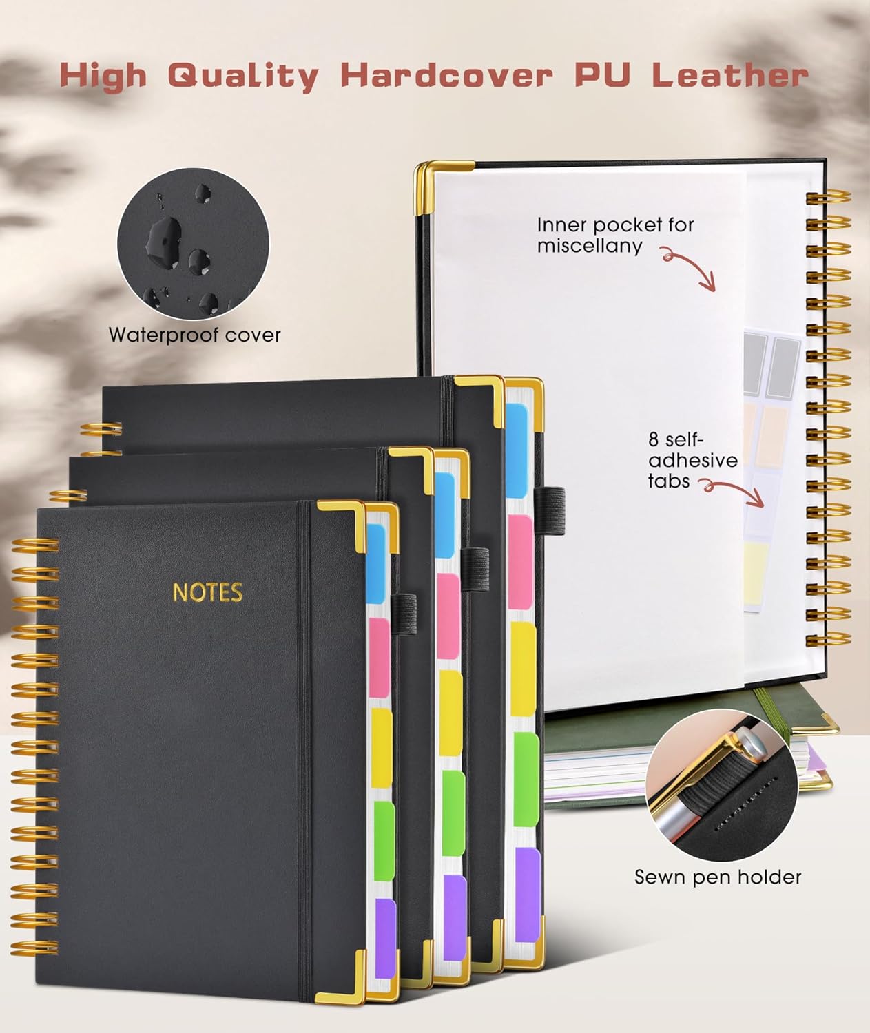 Hardcover Spiral Notebook Journal with Removable Dividers Tabs, 300 Pages Leather 5 Subject Notebook College Ruled, 8"x10" Large B5 Notebooks for Work School Note taking, Lined Journal for Women, Pink