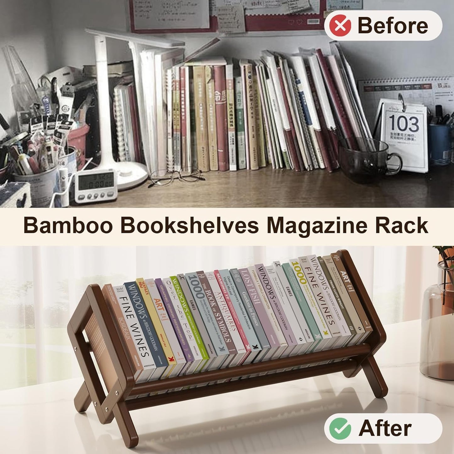 Premium Desktop Bookshelf, Bamboo Desk Bookshelf, Retro Brown Book Rack Shelf Organizer, Stable Bookshelves Storage, Tabletop Large Magazine Holder Racks for Magazines, Books, Files