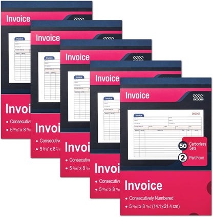 XKDOUS 2 Pack Invoice Book, 2-Part Carbonless, 5-9/16" x 8-7/16" Invoice Receipt Book for Small Business, 50 Sets per Book