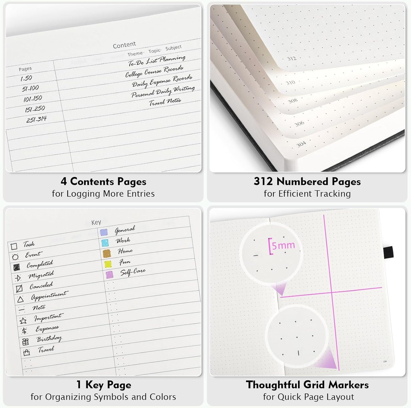 5 Pack College Ruled Notebook, 312 Numbered Pages Thick Notebooks Bulk, 100gsm No Bleed Paper Hardcover Leather Journal, Lined Journal Notebook Set for Women Men School Office, A5, Multicolor