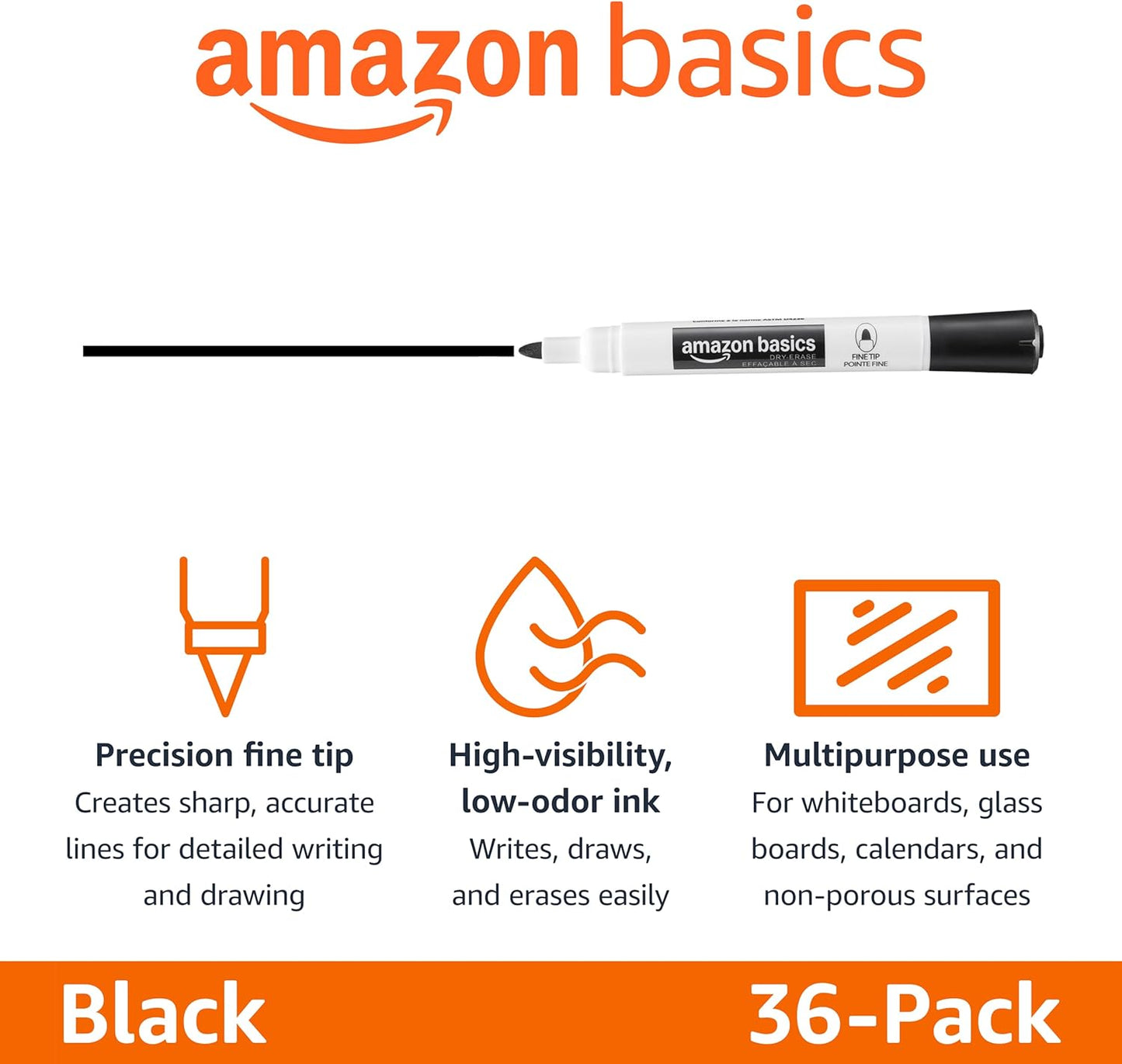 Amazon Basics Low-Odor Dry Erase Whiteboard Markers, Fine Tip, Quick-Dry, Black, 36-Pack