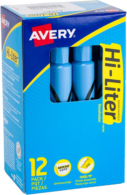 Avery Hi-Liter Desk-Style Highlighters, Smear Safe Ink, Chisel Tip, 12 Light Blue Highlighters (07746)