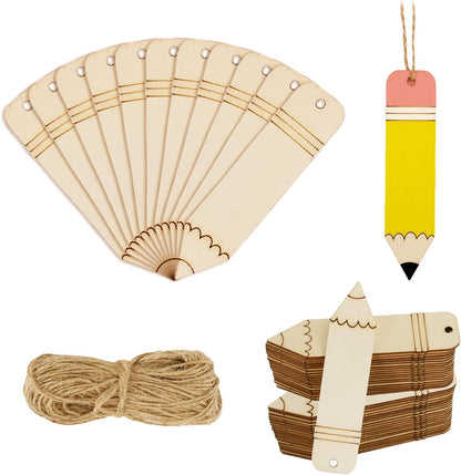 Whaline 50Pcs Back to School DIY Craft Cutout Wooden Pencil Shaped Hanging Ornaments with Hemp Rope for First Day of School Classroom Party Decoration Supplies